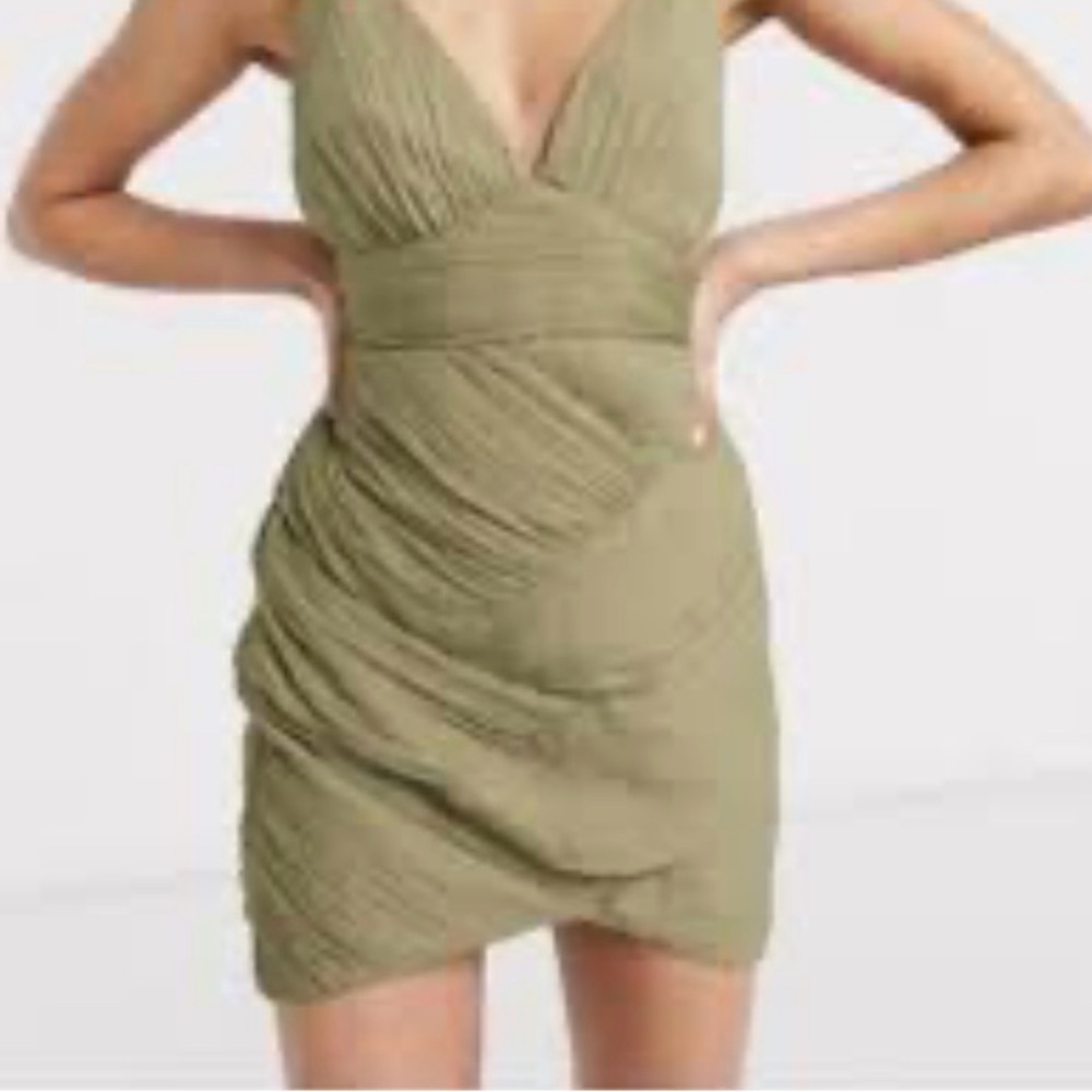 ASOS Mini ruched w Straps Silky Dress in khaki/olive Color. Back zipper. Size 6